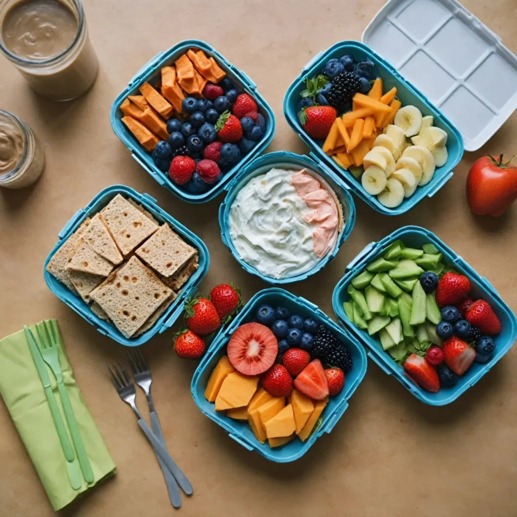 Bento box filled with creative and fun school lunch snacks like sandwich shapes, fruit designs, and veggie sticks.