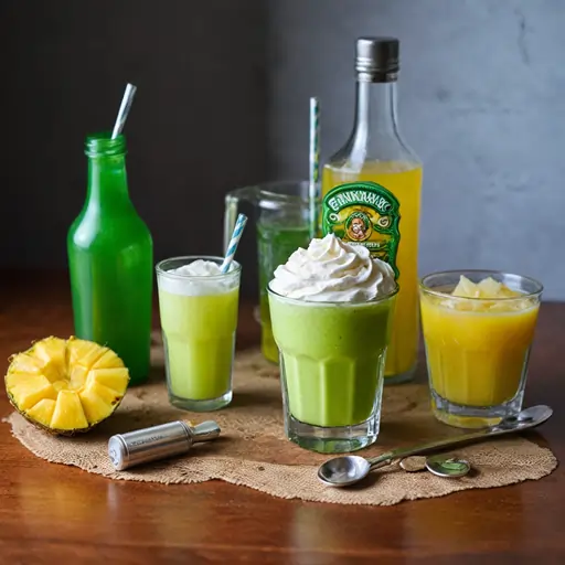 Ingredients for the Scooby Snack Shot, including Midori, coconut rum, pineapple juice, and whipped cream, arranged with cocktail-making tools.