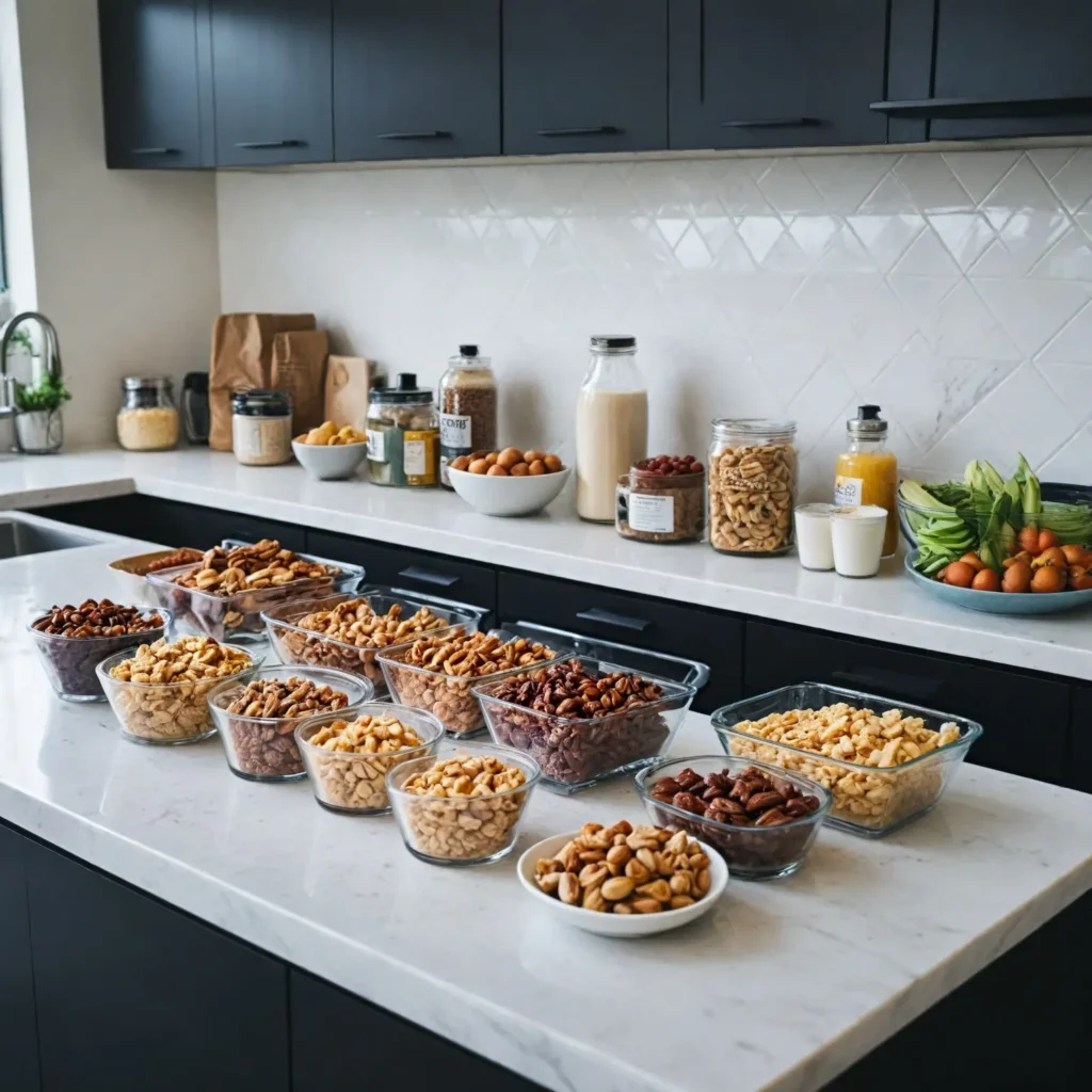 A variety of high-protein, low-carb snacks like energy bars, nuts, and protein shakes on a minimalist kitchen counter.