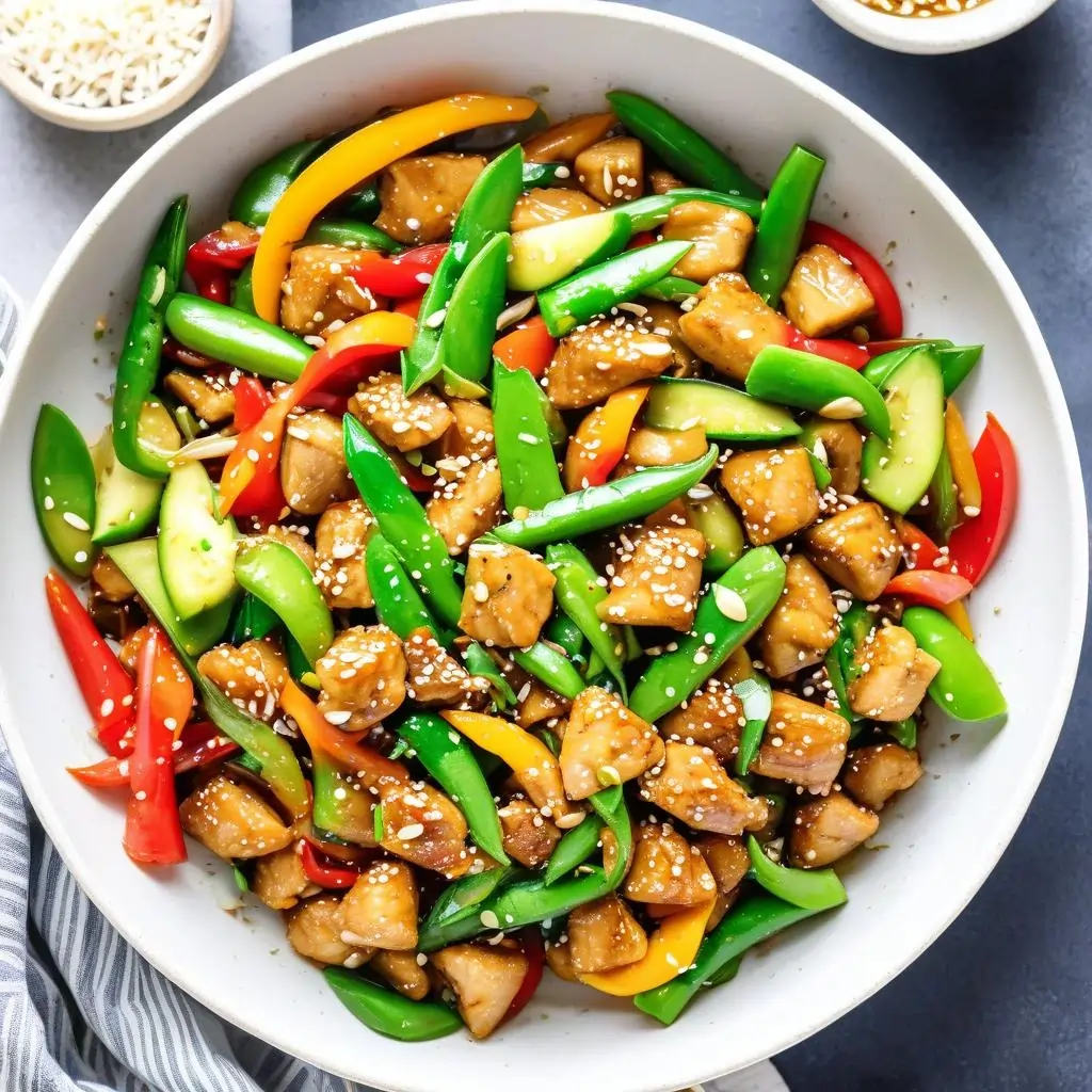 Low-carb chicken stir-fry with colorful vegetables like bell peppers, zucchini, and snap peas.