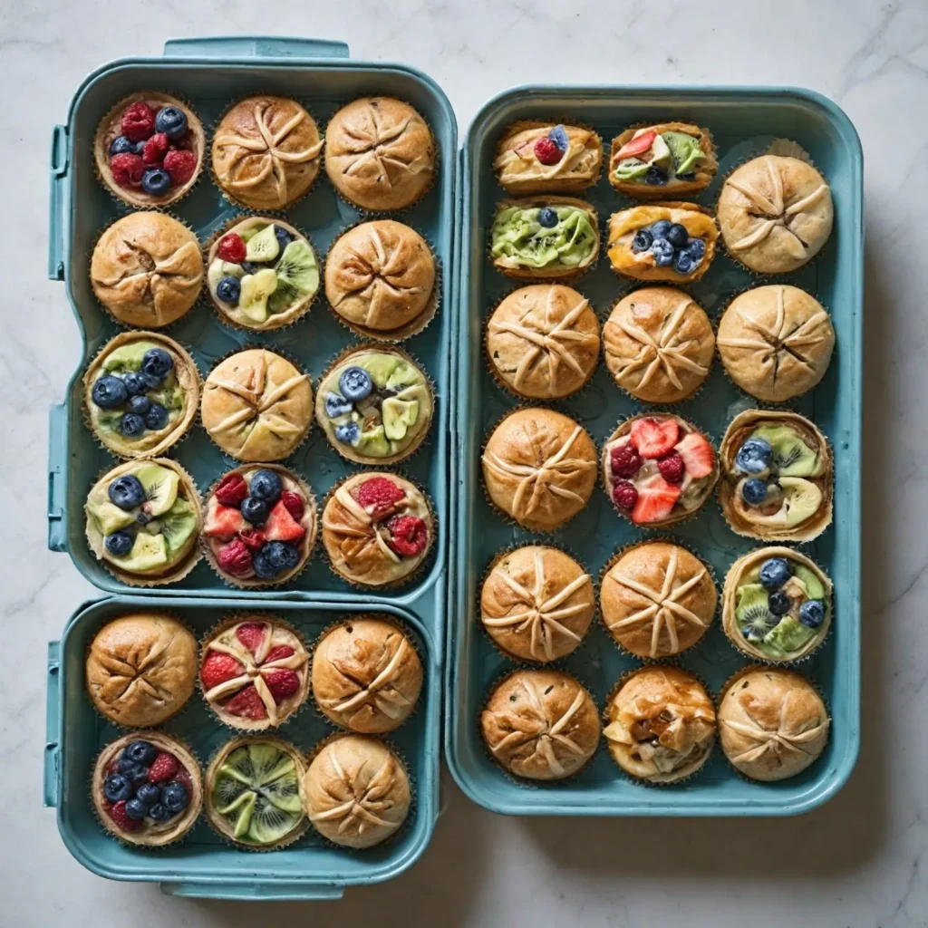 Miniature healthy snacks like bite-sized muffins, mini wraps, and mini sliders packed in a lunchbox.