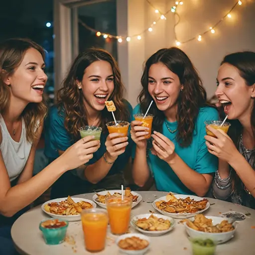 A group of friends laughing and enjoying Scooby Snack Shots under colorful party lights.
Title: Fun Party Moments with Scooby Snack Shots