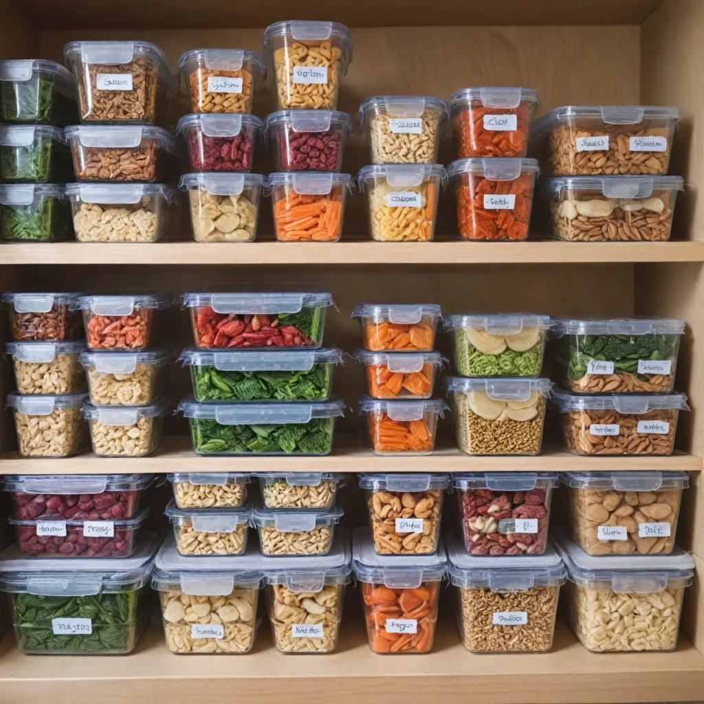 A countertop featuring neatly arranged meal prep containers filled with various gluten-free snacks, including energy bites, veggie sticks, and almond flour muffins. Glass jars with nuts and seeds are placed nearby, along with reusable storage bags.