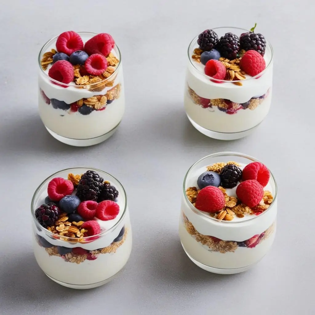 Fruit & Yogurt Parfait with Greek yogurt, berries, and granola.