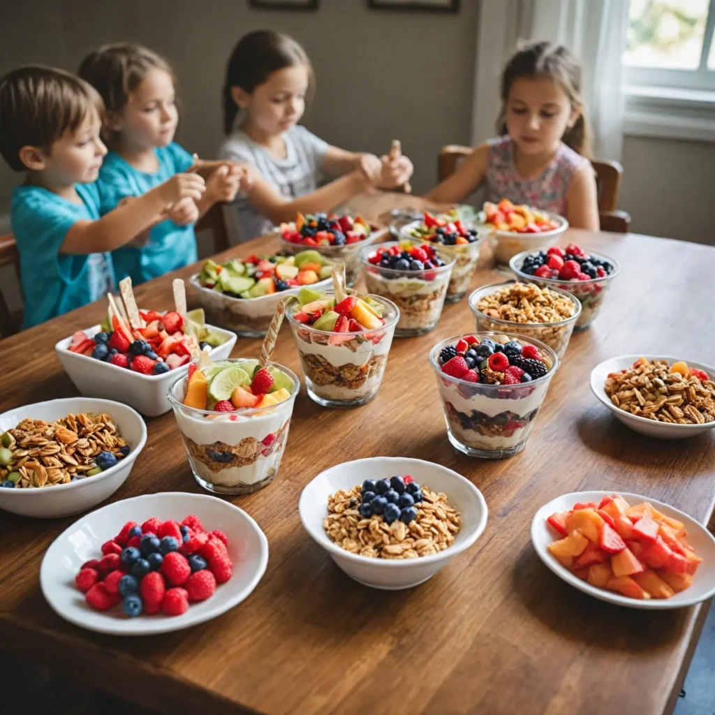 Quick, easy, and delicious snacks for kids like fruit parfaits, granola bars, and veggie sticks