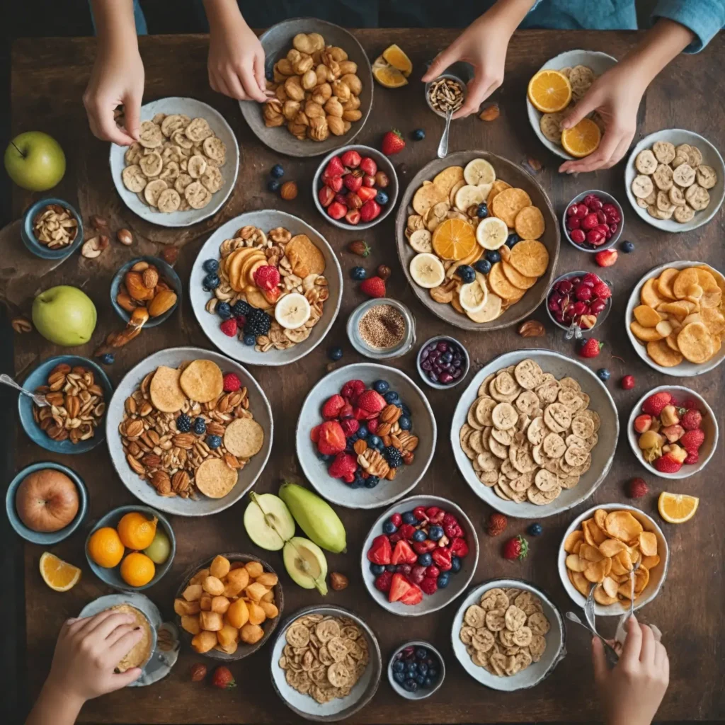 Healthy snacks like fruits, nuts, and crackers enjoyed by kids