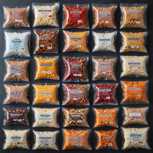 A selection of protein snacks with labels indicating their benefits for weight loss, muscle recovery, and energy.