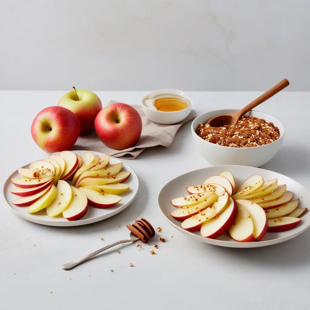 Baked Apple with Cinnamon and honey, served in a small bowl.