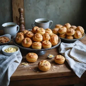 Freshly baked Gipfeli on a rustic wooden table, golden-brown and crispy with a soft, fluffy interior.