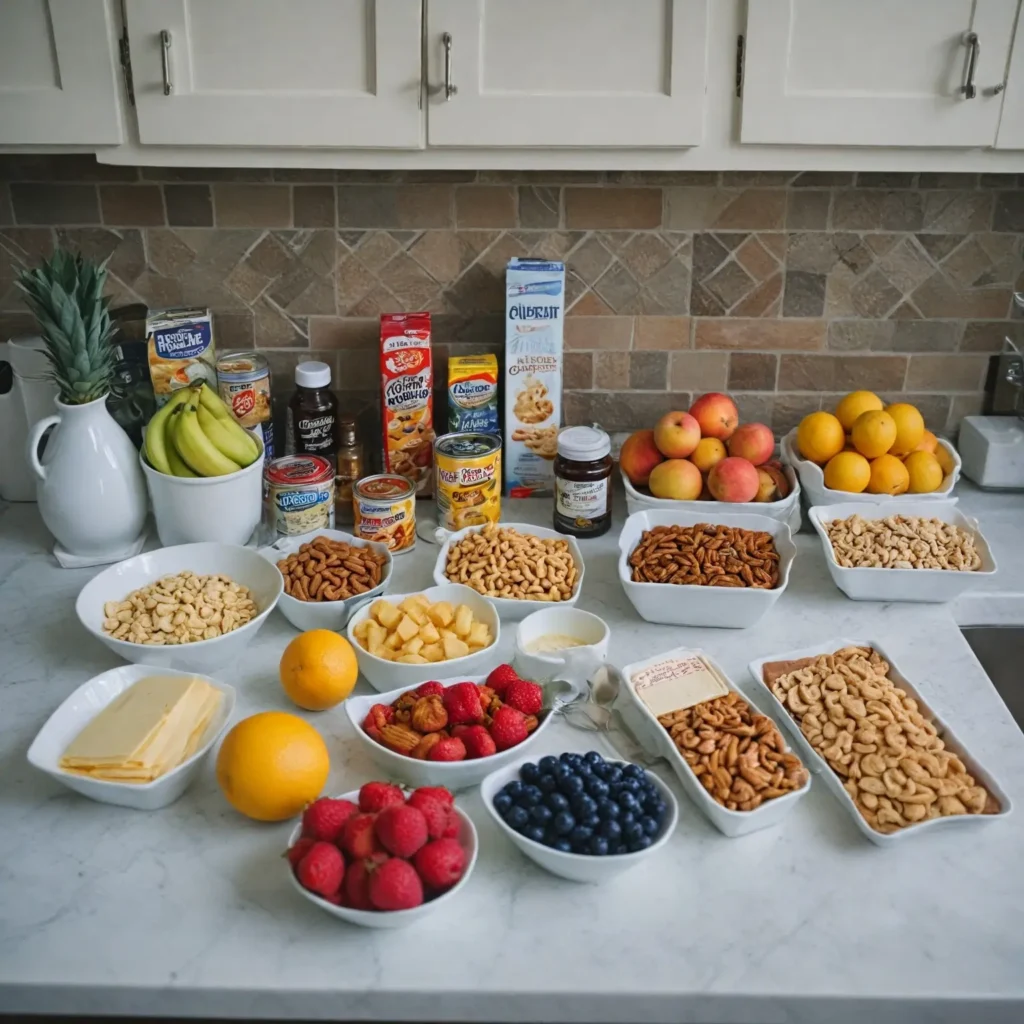 Busy parent preparing quick and healthy snacks like fruit, cheese, and trail mix, designed for easy packing.