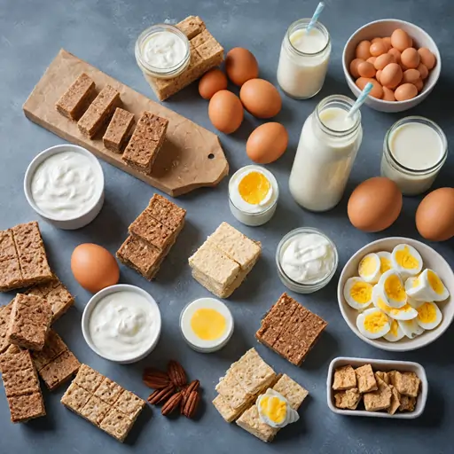 Protein-rich snacks like protein bars, boiled eggs, and Greek yogurt on a modern background.