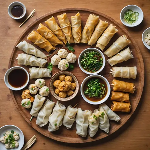 A vibrant Chinese snack platter featuring dumplings, spring rolls, sesame balls, and dipping sauces, garnished with cilantro and green onions.