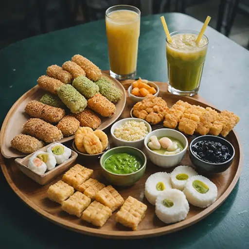 A platter of Asian snacks paired with bubble tea and green tea, set against a cozy bamboo-themed background.