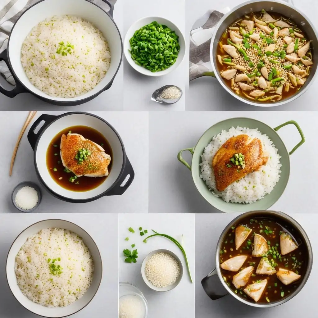 Step-by-step cooking guide for chicken rice, featuring raw ingredients, a skillet with golden-brown chicken, a pot of simmering rice, and a final plated dish garnished with scallions and sesame seeds.