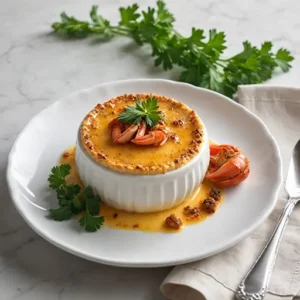 A beautifully plated crab brulee in a white ramekin with a golden caramelized top, garnished with microgreens and a slice of lemon.