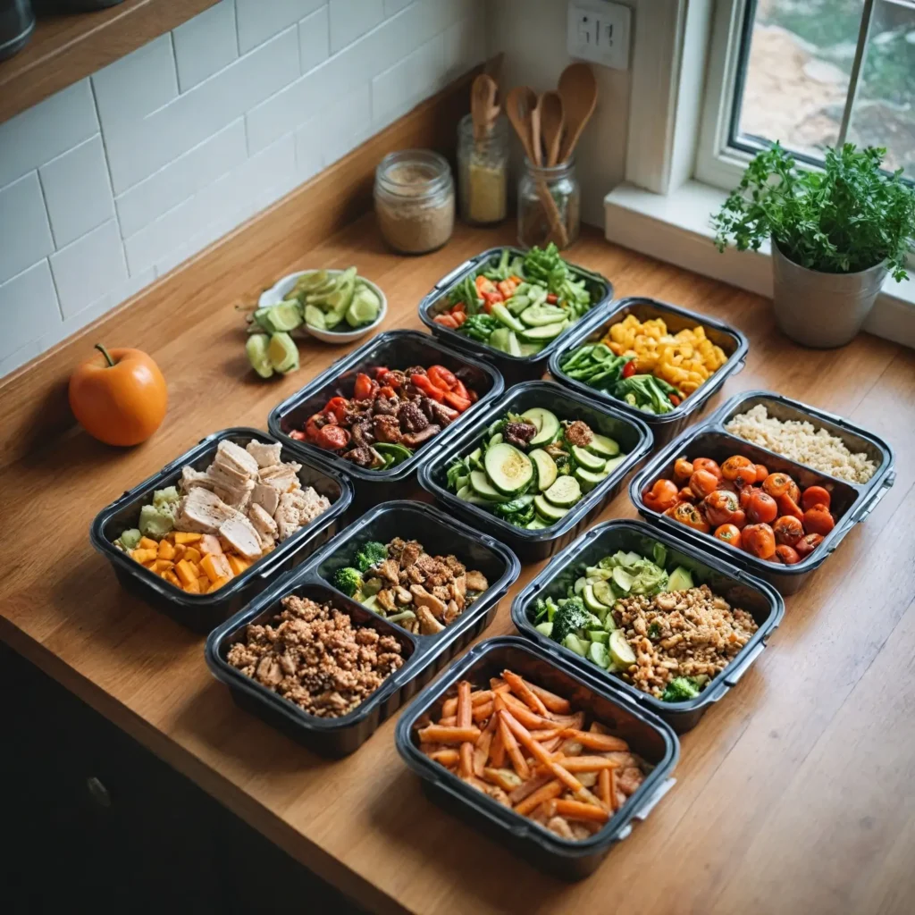 Meal preparation setup featuring reusable containers filled with quinoa, grilled chicken, steamed vegetables, nuts, and fruits on a wooden countertop.