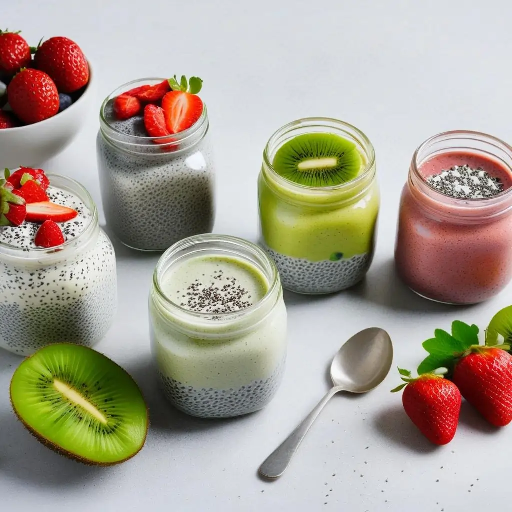 Chia Seed Pudding with almond milk and fresh fruit topping.