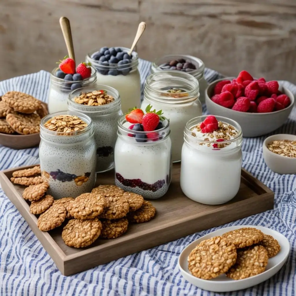 A variety of homemade healthy sweet snacks, including granola bars, Greek yogurt parfaits, chia pudding, and oatmeal cookies, displayed on a rustic wooden table.