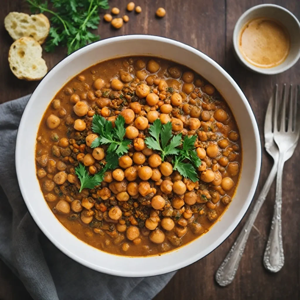 A bowl of protein-rich lentil and chickpea stew garnished with fresh herbs, served in a rustic bowl.