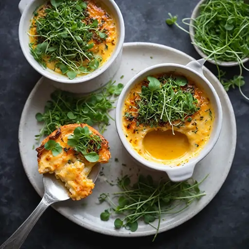 Spoon scooping creamy crab brulee from a ramekin, showing its smooth, velvety texture.