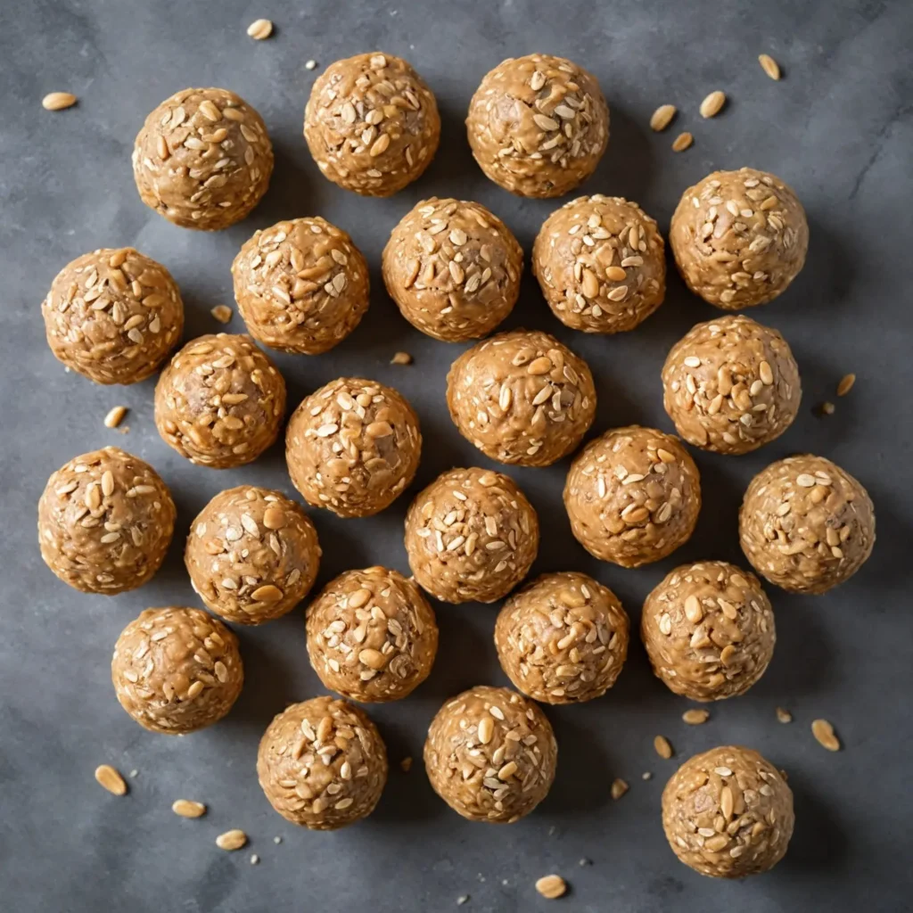 A plate of no-bake peanut butter protein balls, garnished with a sprinkle of oats and a drizzle of honey.