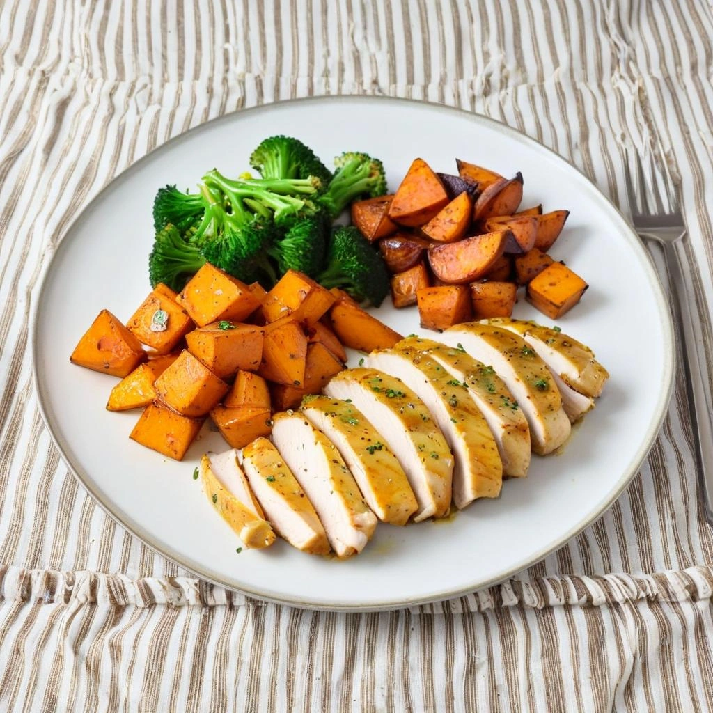 Baked chicken with roasted sweet potatoes and steamed broccoli on a white plate.
