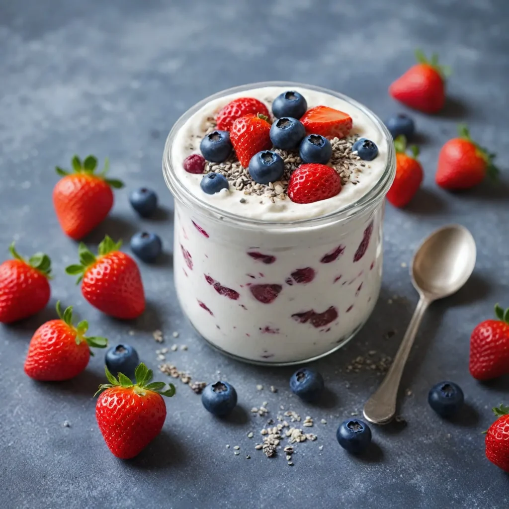A close-up of a Greek yogurt and berry protein parfait, layered with fresh berries, yogurt, and granola.