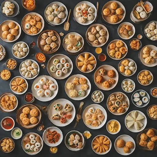 An assortment of Asian snacks from Japan, Korea, China, and Thailand, arranged with small country flags for context.