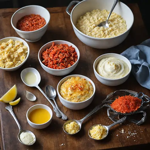 Fresh crab meat, eggs, heavy cream, and seasonings arranged on a kitchen counter for making crab brulee.