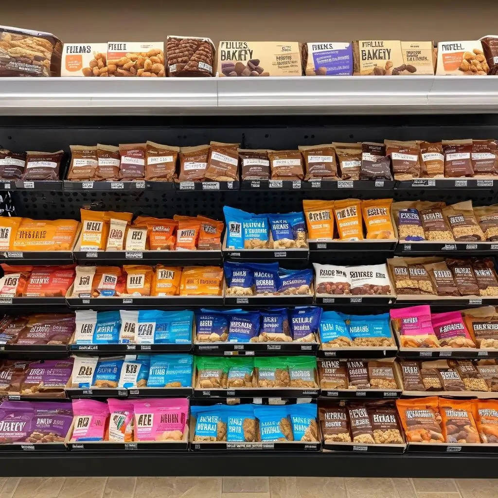 A shopping basket filled with pre-packaged healthy snacks, including KIND Bars, RXBARs, and Nature’s Bakery snacks, placed on a clean surface.
