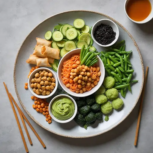 A selection of healthy Asian snacks, including edamame, vegetable spring rolls, dried mango, sesame balls, and roasted seaweed.