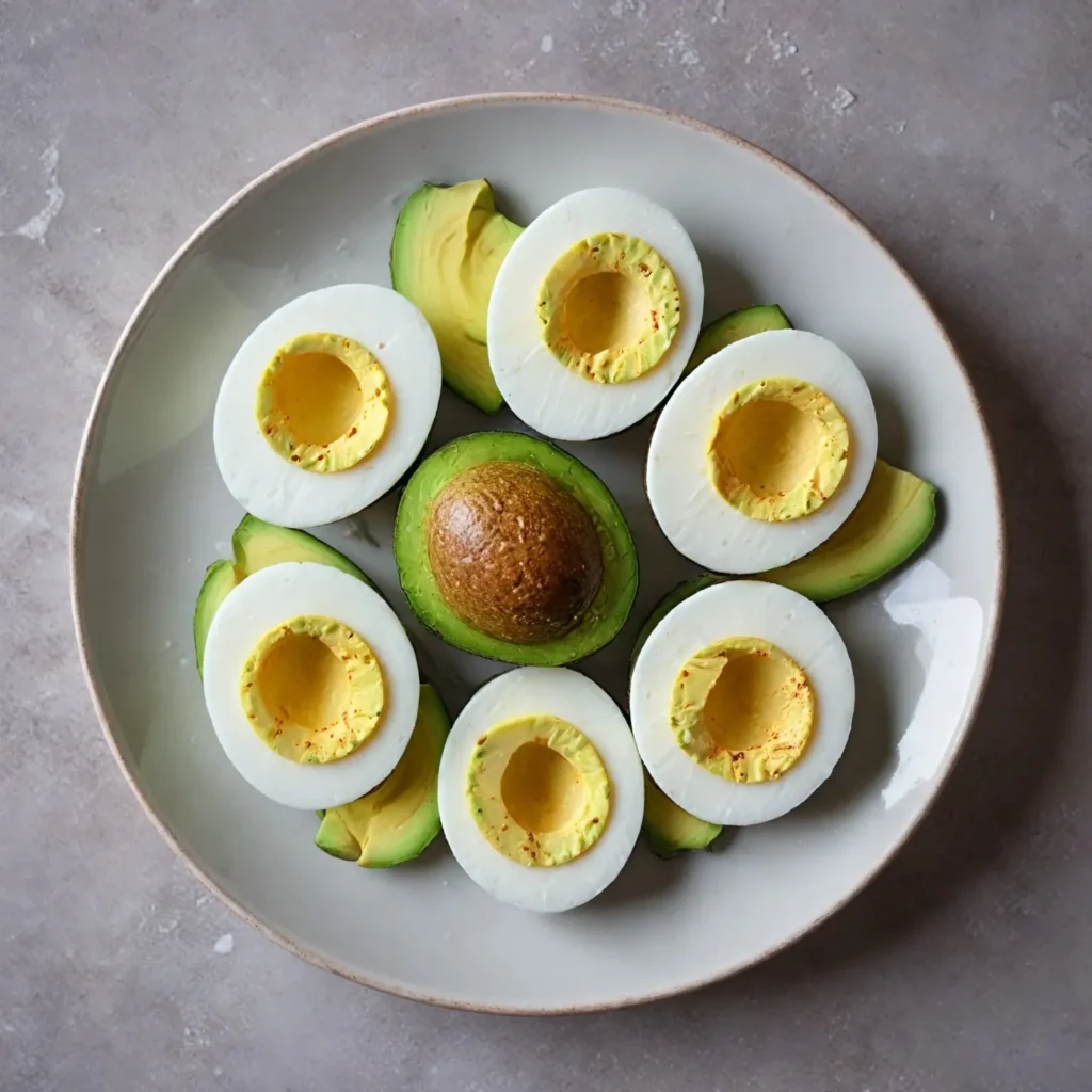 A plate featuring hard-boiled eggs, sliced avocado, and a sprinkle of seasoning for a nutritious snack.