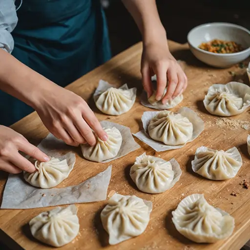Hands folding dumplings with fresh filling made of ground pork, cabbage, and ginger, ready to be cooked.