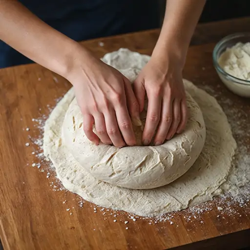 Hands kneading sourdough bagel dough on a floured wooden countertop in a cozy kitchen setting.