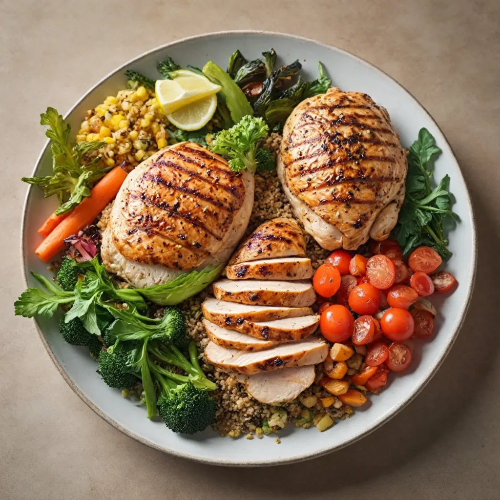 A fresh, vibrant plate of high-protein foods like grilled chicken, quinoa, and vegetables, illuminated by natural lighting.