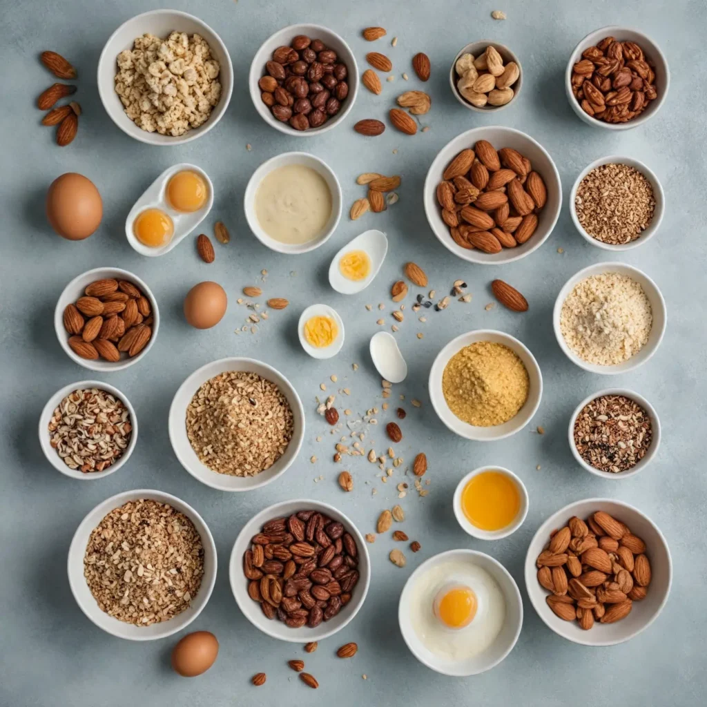 A selection of high-protein snacks, including nuts, seeds, boiled eggs, yogurt, quinoa, and almond flour muffins on a light background.