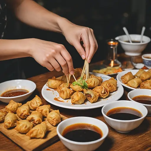 A chef’s hand offering a crispy fried dumpling with dipping sauce, highlighting the perfect texture and golden-brown color.