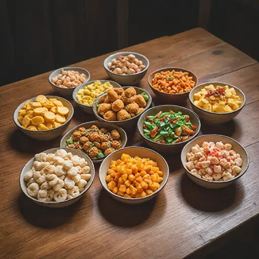 A vibrant assortment of Asian snacks including sushi rolls, mochi, rice crackers, dumplings, bubble tea, and roasted seaweed, displayed on a wooden table with decorative bamboo leaves and a teapot.
