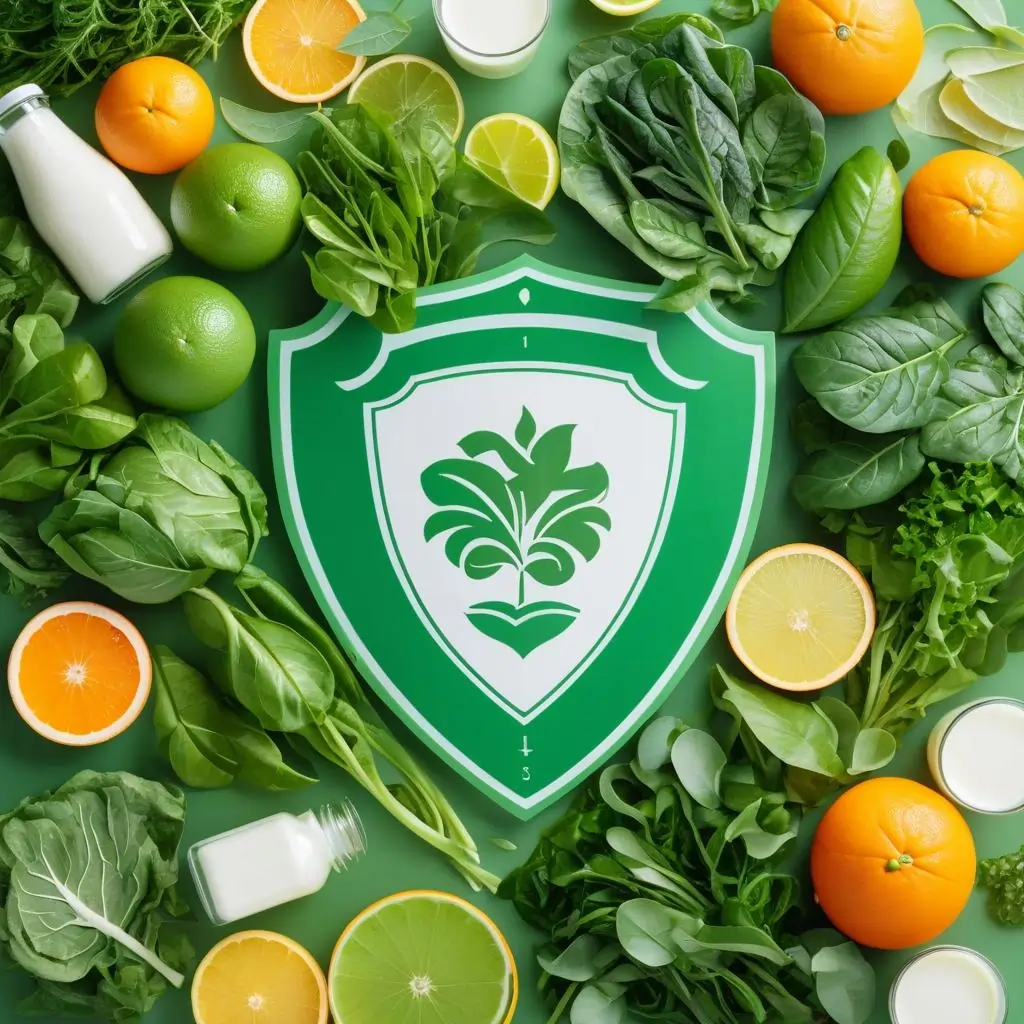 An image featuring milk, leafy greens, citrus fruits, and a shield symbol, representing strong bones and a healthy immune system with vibrant greens, whites, and oranges.
