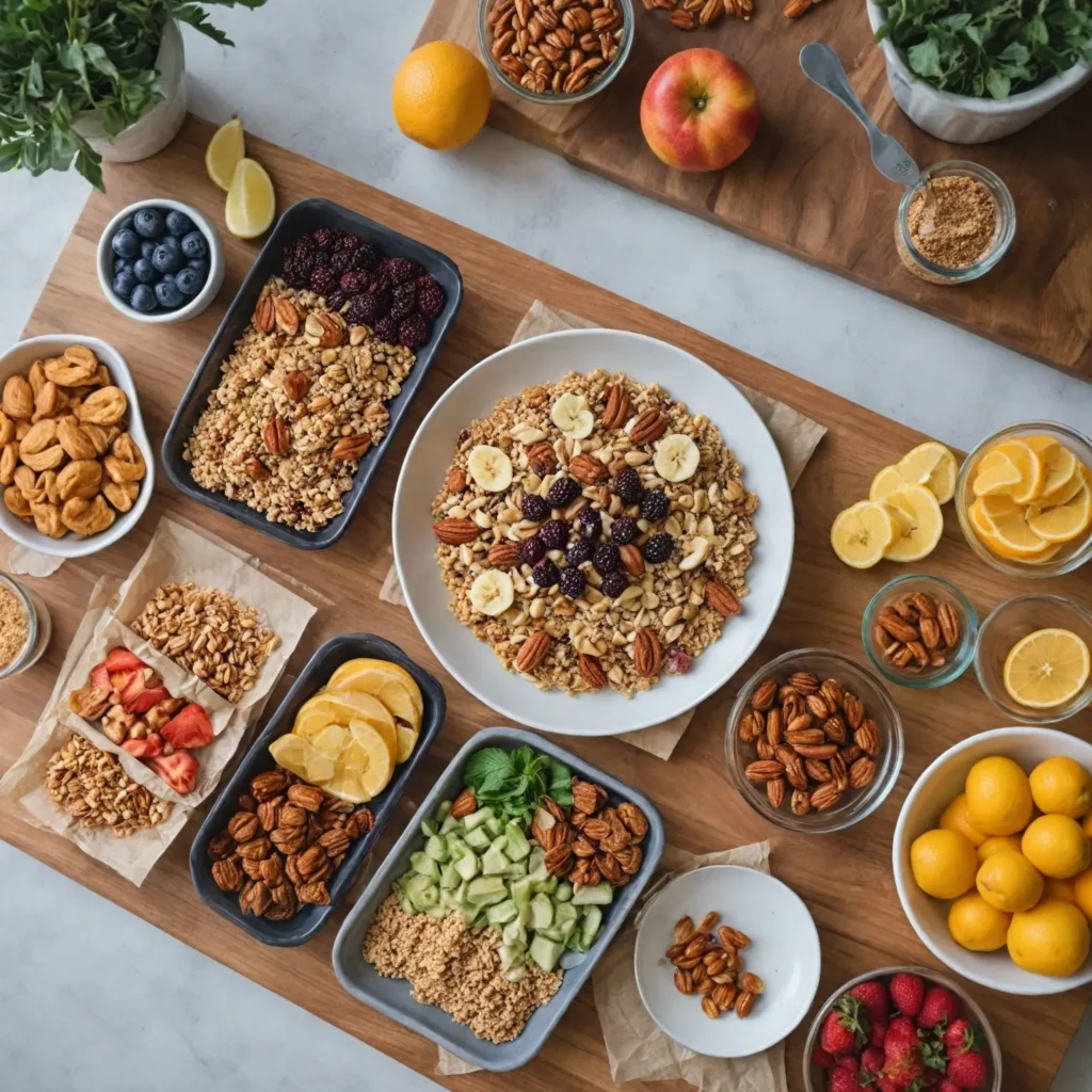People enjoying healthy snacks like energy bars, quinoa bites, nuts, and fruits in a bright, motivating workspace.