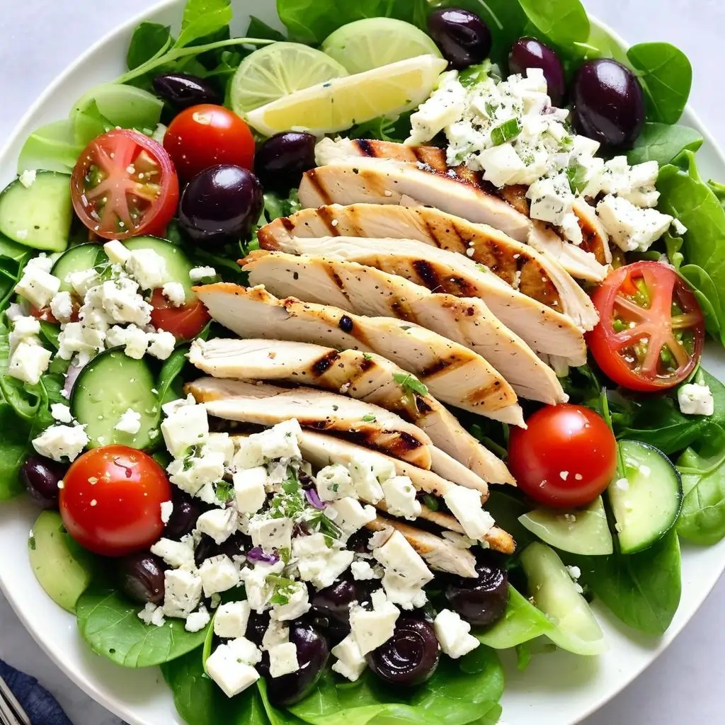 Mediterranean chicken salad with grilled chicken, mixed greens, cherry tomatoes, cucumbers, olives, and feta cheese.