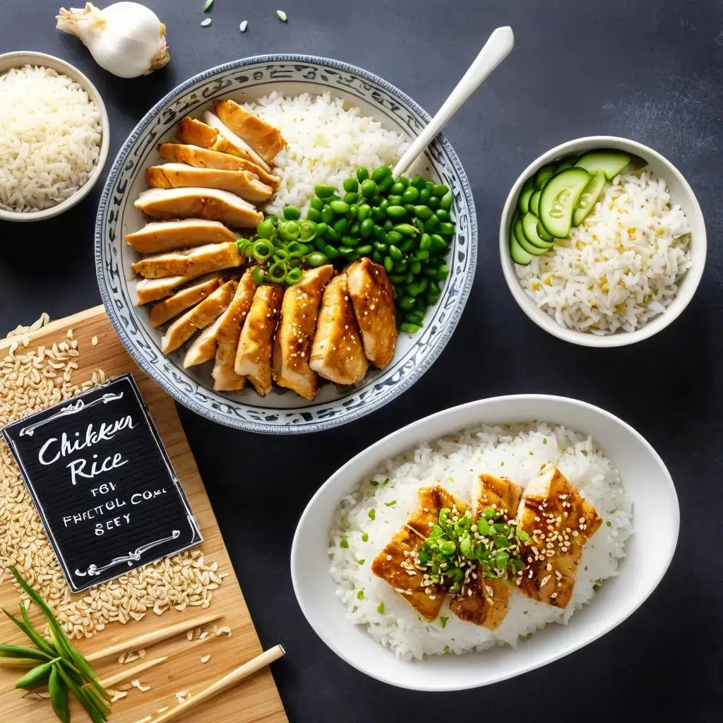 A vibrant dining table featuring a platter of golden-brown chicken slices on fluffy jasmine rice, garnished with scallions and sesame seeds, surrounded by small bowls of chili sauce, soy sauce, lime wedges, and side dishes like steamed broccoli, cucumber salad, and fried eggs, showcasing creative variations of chicken rice.
