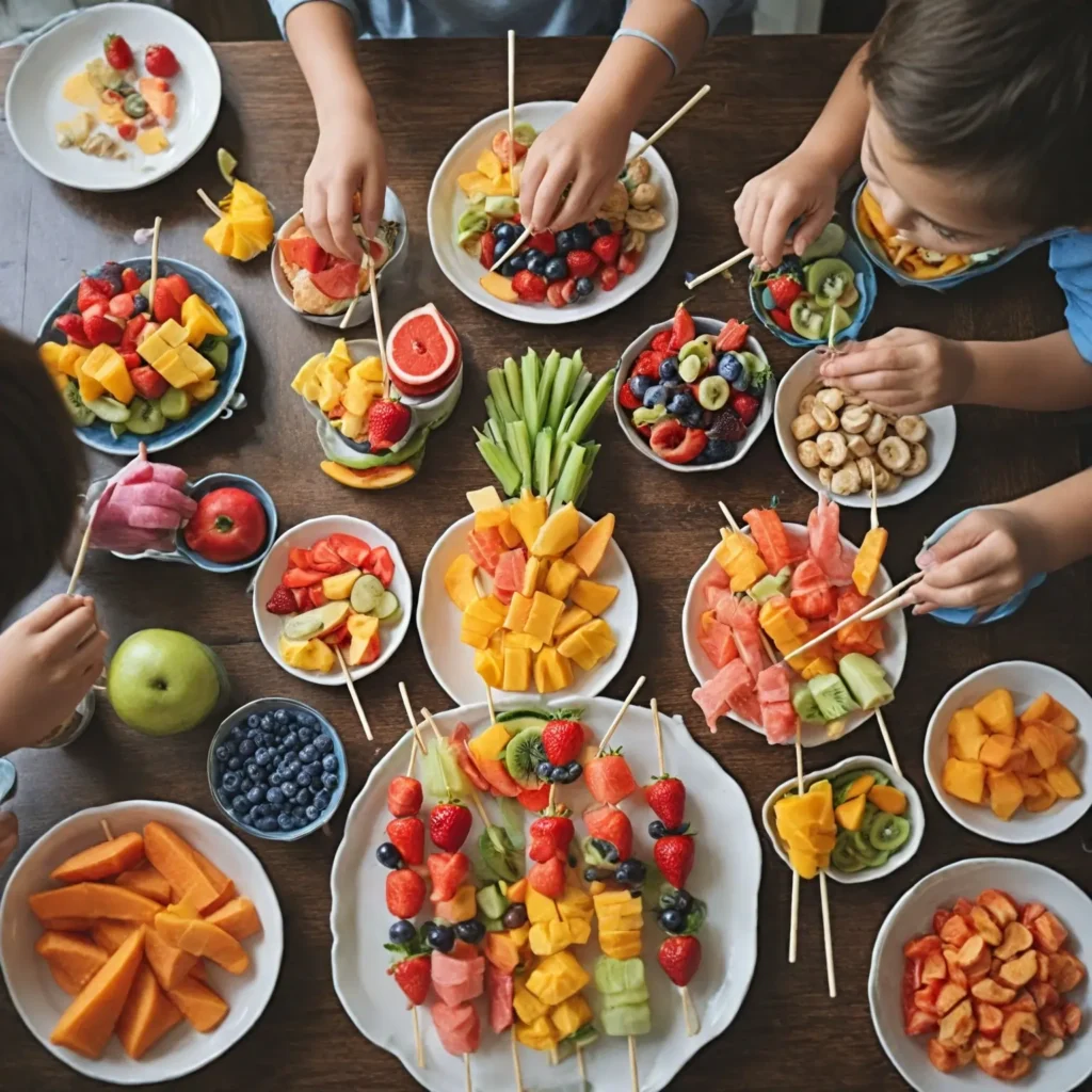 Fun and creative snacks like fruit kabobs and animal-shaped treats