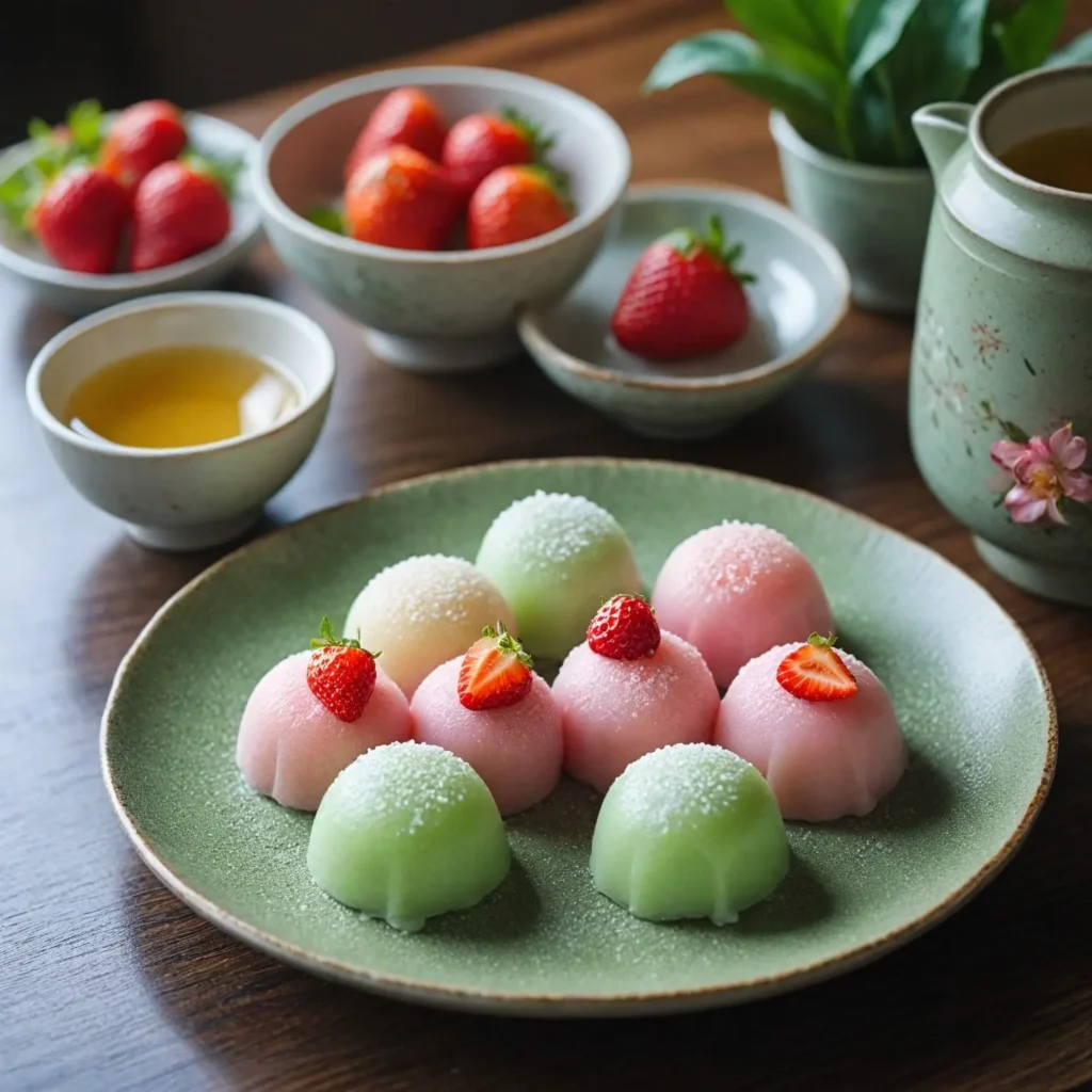Close-up of pastel-colored mochi desserts prepared by a professional chef, garnished with rice flour and paired with green tea and fresh strawberries.