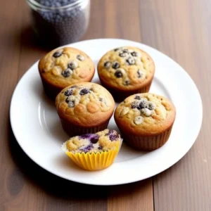 Freshly baked healthy muffins with natural ingredients like oats, bananas, blueberries, and carrots, topped with chia seeds and walnuts.