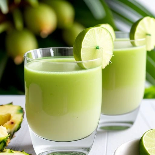 A vibrant green cocktail shot with a creamy top, surrounded by pineapple and lime on a festive table.