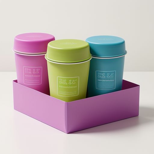 A colorful set of three reusable cups in pink, green, and blue, placed inside a purple tray on a white surface.