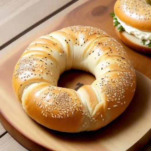 Freshly baked sourdough bagel with a golden-brown crust, topped with cream cheese, smoked salmon, and avocado on a wooden surface.
