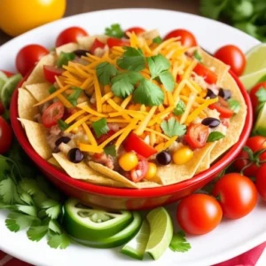 A vibrant bowl of taco dip surrounded by tortilla chips, fresh vegetables, and garnished with cilantro and tomatoes.