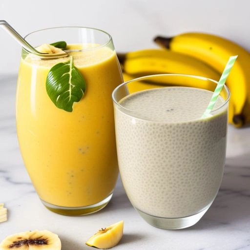 A Tropical Energy Smoothie in a glass jar, garnished with a pineapple wedge and surrounded by tropical fruits.